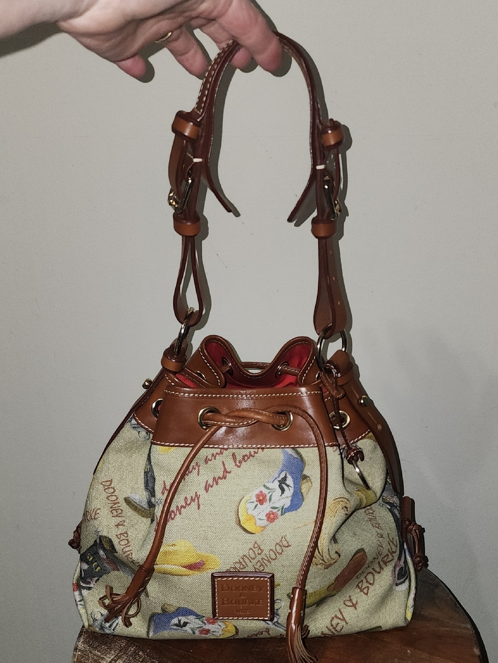 Dooney & Bourke Western Cowboy Boots Vintage Leather Canvas Drawstring Bucket